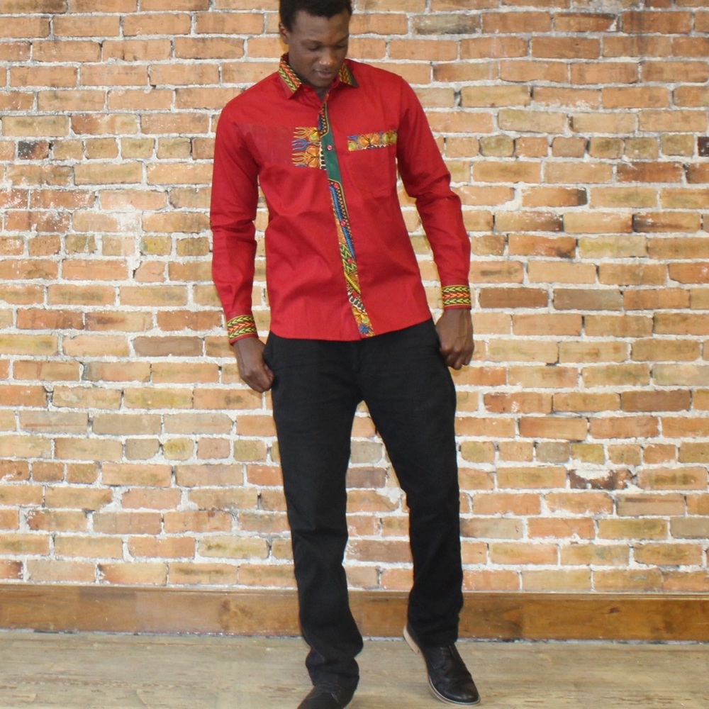 Red Long Sleeve Button Front Dashiki Shirt